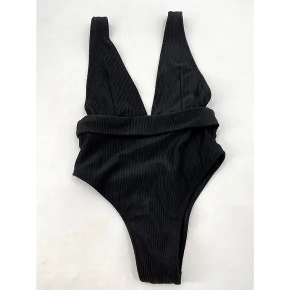 Wanita black ribbed low back one piece swimsuit
